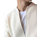 Ribbed Knit Cardigan Men's Gray Zip-Front Stand Collar Sweater Jacket – Casual, Office