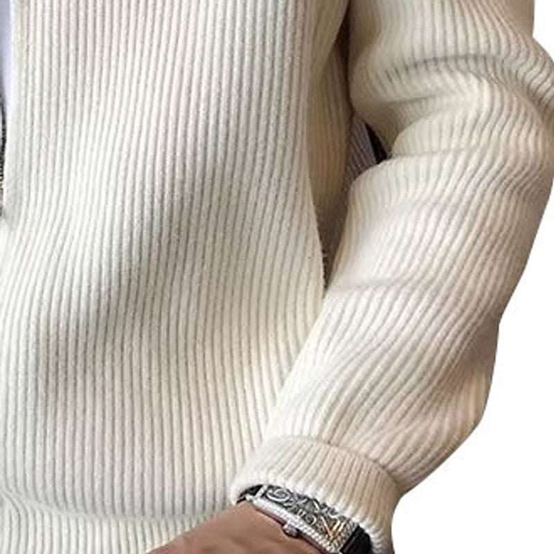 Ribbed Knit Cardigan Men's Gray Zip-Front Stand Collar Sweater Jacket – Casual, Office