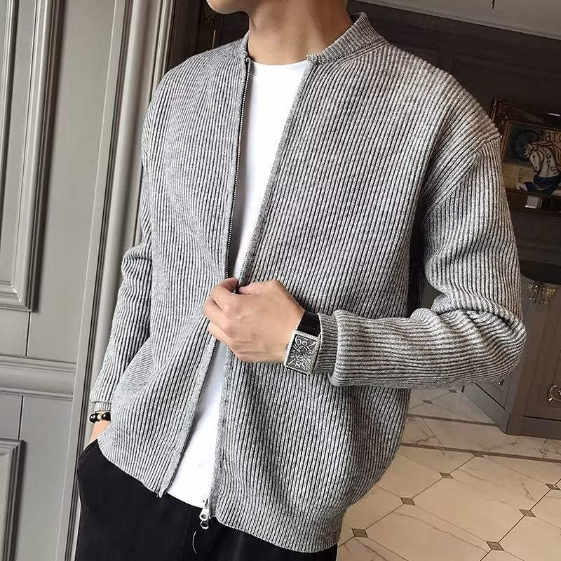 Ribbed Knit Cardigan Men's Gray Zip-Front Stand Collar Sweater Jacket – Casual, Office