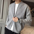 Ribbed Knit Cardigan Men's Gray Zip-Front Stand Collar Sweater Jacket – Casual, Office