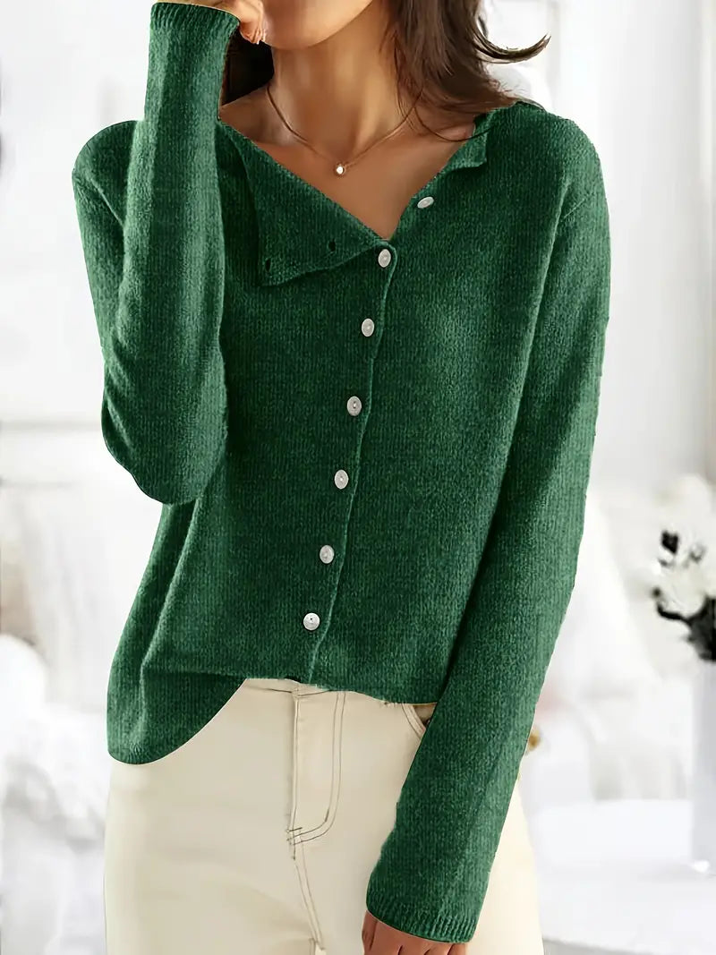 Ribbed Knit Cardigan Women's Long Sleeve Gray with Asymmetric Button Closure – Casual, Office, Gift