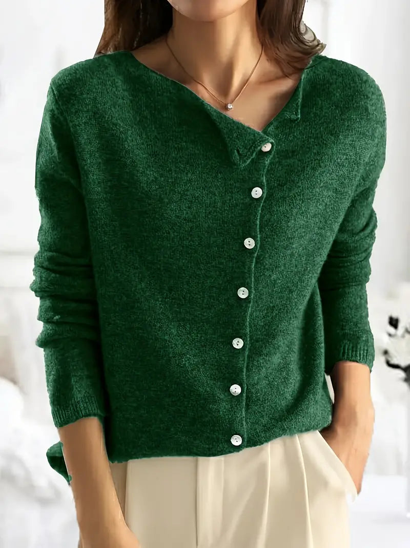 Ribbed Knit Cardigan Women's Long Sleeve Gray with Asymmetric Button Closure – Casual, Office, Gift
