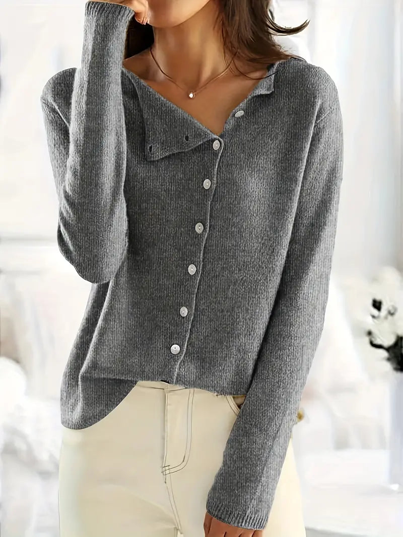 Ribbed Knit Cardigan Women's Long Sleeve Gray with Asymmetric Button Closure – Casual, Office, Gift