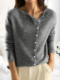 Ribbed Knit Cardigan Women's Long Sleeve Gray with Asymmetric Button Closure – Casual, Office, Gift