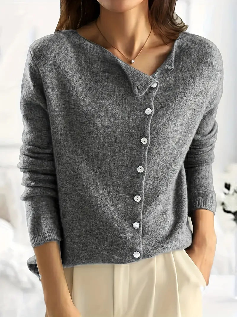 Ribbed Knit Cardigan Women's Long Sleeve Gray with Asymmetric Button Closure – Casual, Office, Gift