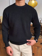 Ribbed Knit Crew Neck Sweater Men's White Long Sleeve Pullover – Casual, Office, Gift