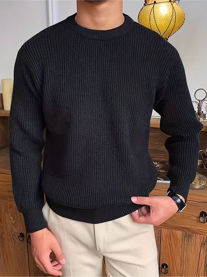 Ribbed Knit Crew Neck Sweater Men's White Long Sleeve Pullover – Casual, Office, Gift
