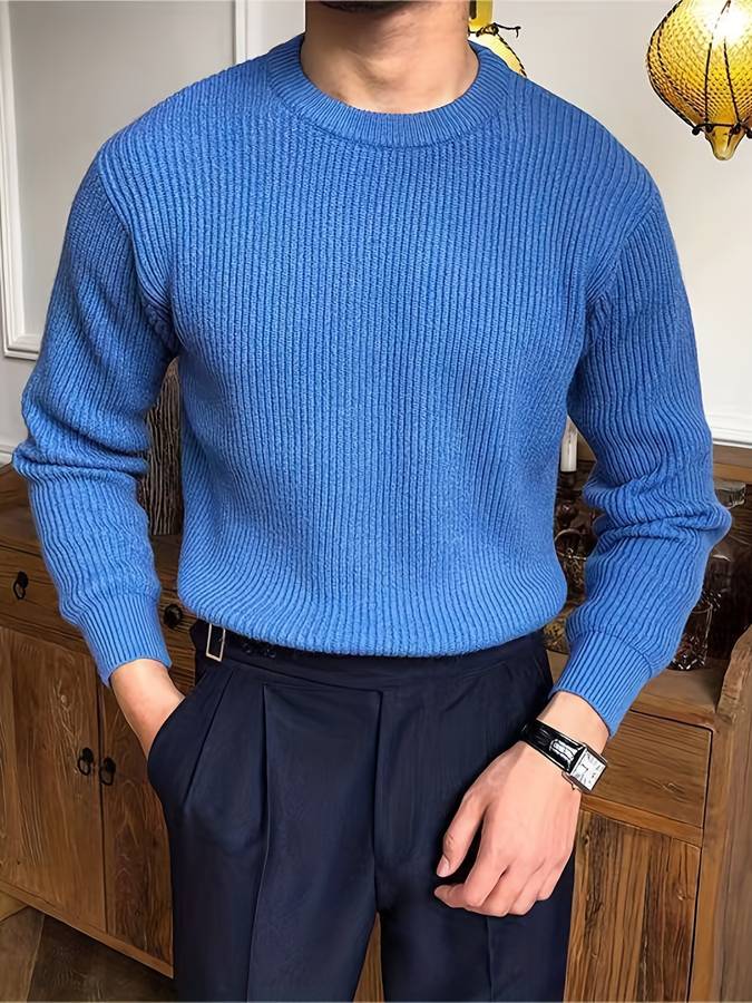Ribbed Knit Crew Neck Sweater Men's White Long Sleeve Pullover – Casual, Office, Gift