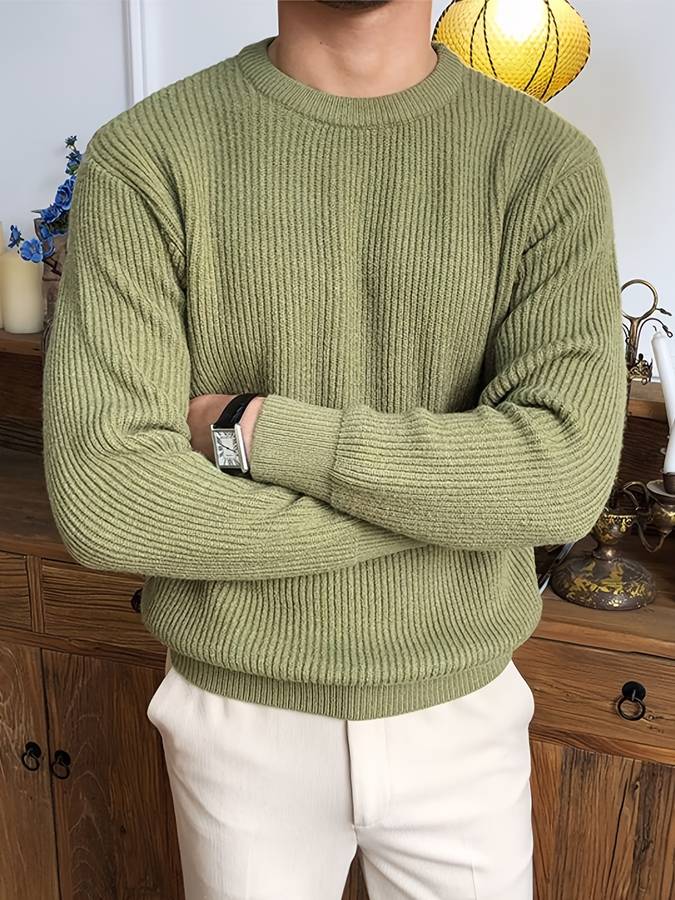 Ribbed Knit Crew Neck Sweater Men's White Long Sleeve Pullover – Casual, Office, Gift