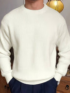 Ribbed Knit Crew Neck Sweater Men's White Long Sleeve Pullover – Casual, Office, Gift