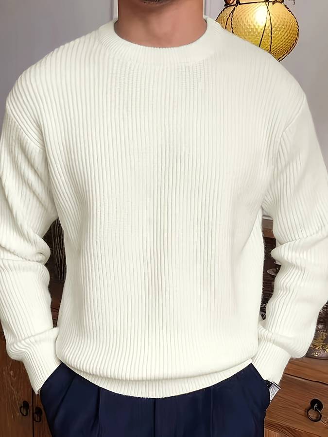Ribbed Knit Crew Neck Sweater Men's White Long Sleeve Pullover – Casual, Office, Gift