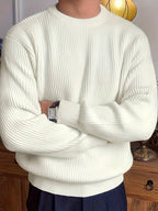 Ribbed Knit Crew Neck Sweater Men's White Long Sleeve Pullover – Casual, Office, Gift