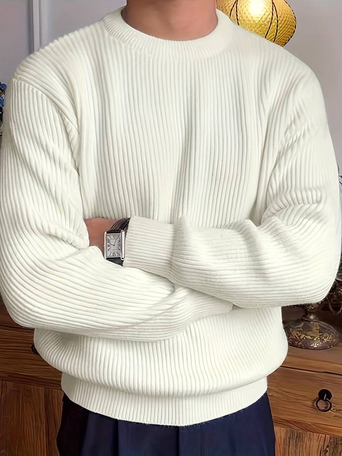 Ribbed Knit Crew Neck Sweater Men's White Long Sleeve Pullover – Casual, Office, Gift
