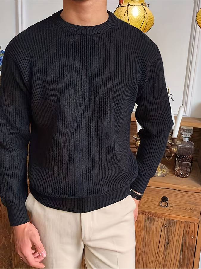 Ribbed Knit Crew Neck Sweater Men's White Long Sleeve Pullover – Casual, Office, Gift
