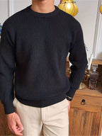 Ribbed Knit Crew Neck Sweater Men's White Long Sleeve Pullover – Casual, Office, Gift