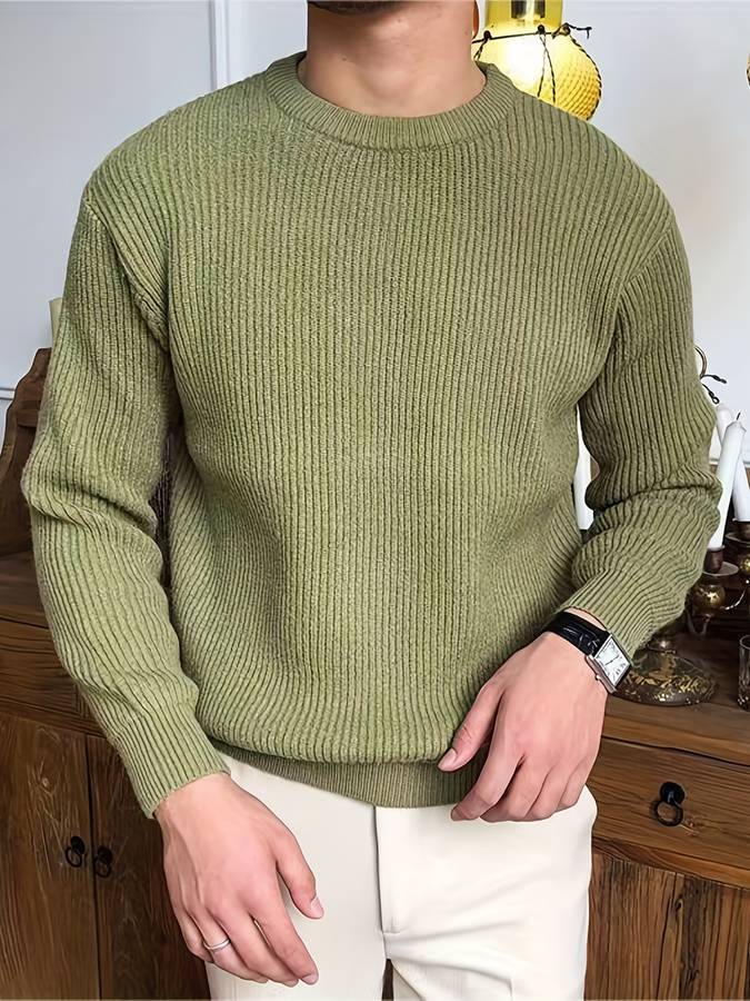 Ribbed Knit Crew Neck Sweater Men's White Long Sleeve Pullover – Casual, Office, Gift