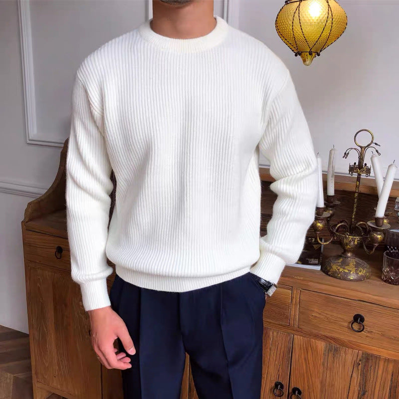 Ribbed Knit Crew Neck Sweater Men's White Long Sleeve Pullover – Casual, Office, Gift