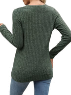 Ribbed Knit Henley Top Women's Long Sleeve Button V-Neck Green – Casual, Office · Faylori