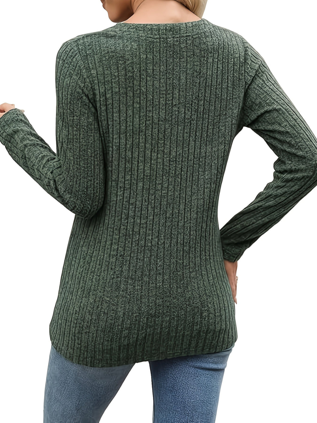Ribbed Knit Henley Top Women's Long Sleeve Button V-Neck Green – Casual, Office · Faylori