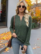 Ribbed Knit Henley Top Women's Long Sleeve Button V-Neck Green – Casual, Office · Faylori