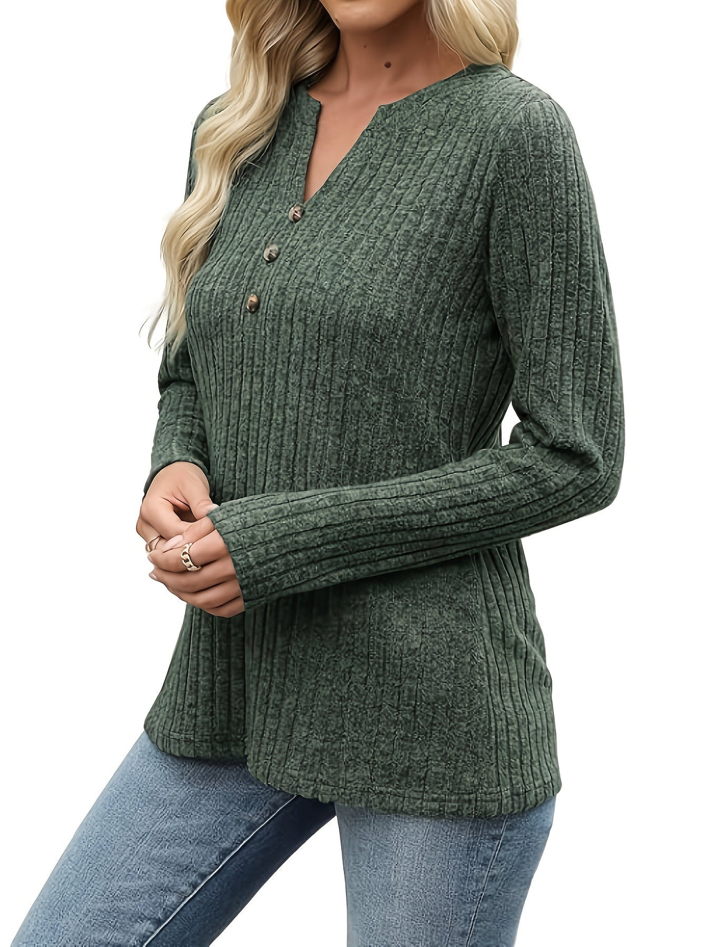 Ribbed Knit Henley Top Women's Long Sleeve Button V-Neck Green – Casual, Office · Faylori