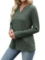 Ribbed Knit Henley Top Women's Long Sleeve Button V-Neck Green – Casual, Office · Faylori