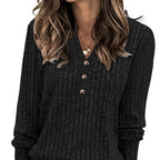 Ribbed Knit Henley Top Women's Long Sleeve Button V-Neck Green – Casual, Office · Faylori