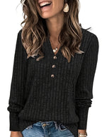 Ribbed Knit Henley Top Women's Long Sleeve Button V-Neck Green – Casual, Office · Faylori