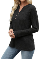 Ribbed Knit Henley Top Women's Long Sleeve Button V-Neck Green – Casual, Office · Faylori