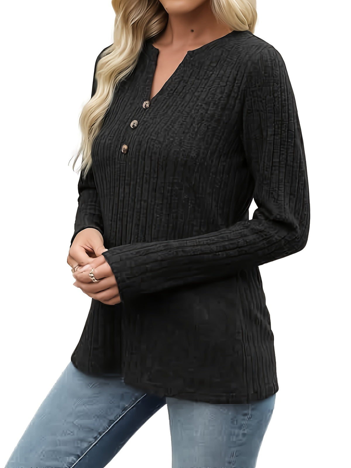 Ribbed Knit Henley Top Women's Long Sleeve Button V-Neck Green – Casual, Office · Faylori