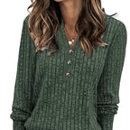 Ribbed Knit Henley Top Women's Long Sleeve Button V-Neck Green – Casual, Office · Faylori