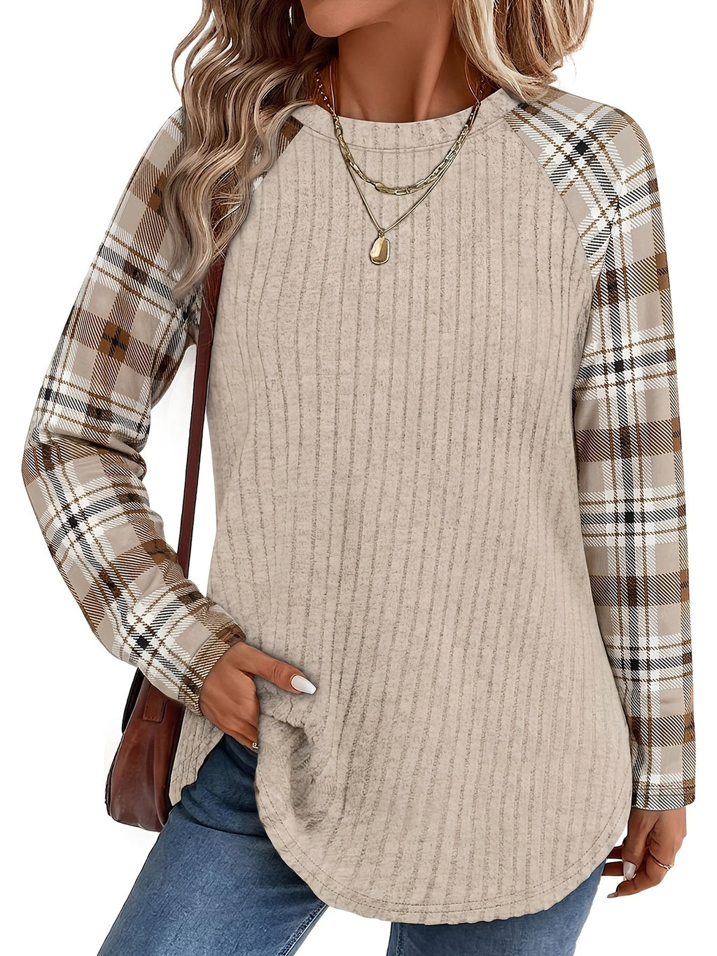 Ribbed Knit Long-Sleeve Top Women's Plaid Raglan Sleeve Crewneck – Casual, Fall Layering