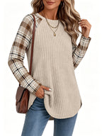 Ribbed Knit Long-Sleeve Top Women's Plaid Raglan Sleeve Crewneck – Casual, Fall Layering