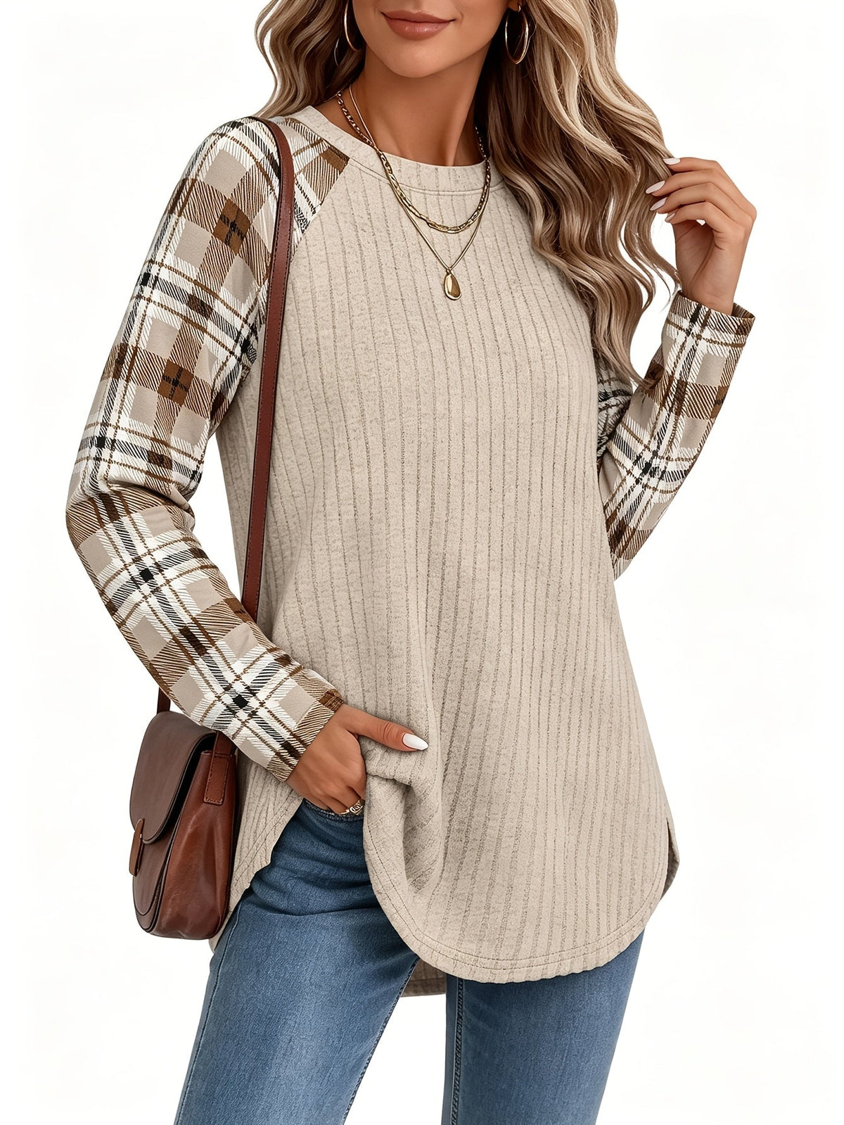Ribbed Knit Long-Sleeve Top Women's Plaid Raglan Sleeve Crewneck – Casual, Fall Layering