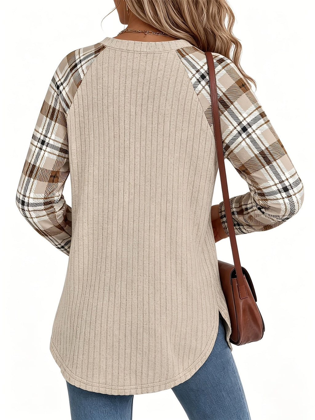 Ribbed Knit Long-Sleeve Top Women's Plaid Raglan Sleeve Crewneck – Casual, Fall Layering