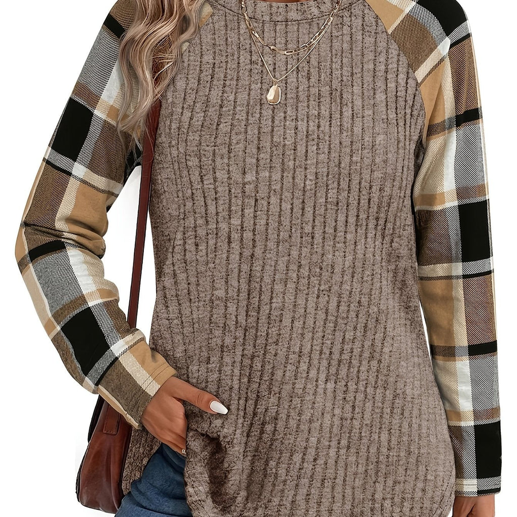 Ribbed Knit Long-Sleeve Top Women's Plaid Raglan Sleeve Crewneck – Casual, Fall Layering