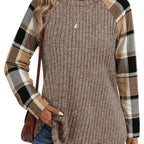 Ribbed Knit Long-Sleeve Top Women's Plaid Raglan Sleeve Crewneck – Casual, Fall Layering