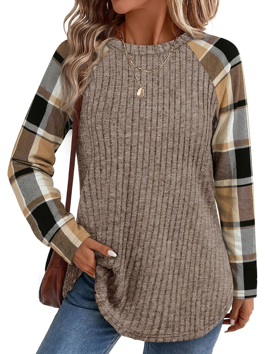 Ribbed Knit Long-Sleeve Top Women's Plaid Raglan Sleeve Crewneck – Casual, Fall Layering