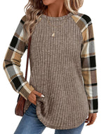 Ribbed Knit Long-Sleeve Top Women's Plaid Raglan Sleeve Crewneck – Casual, Fall Layering