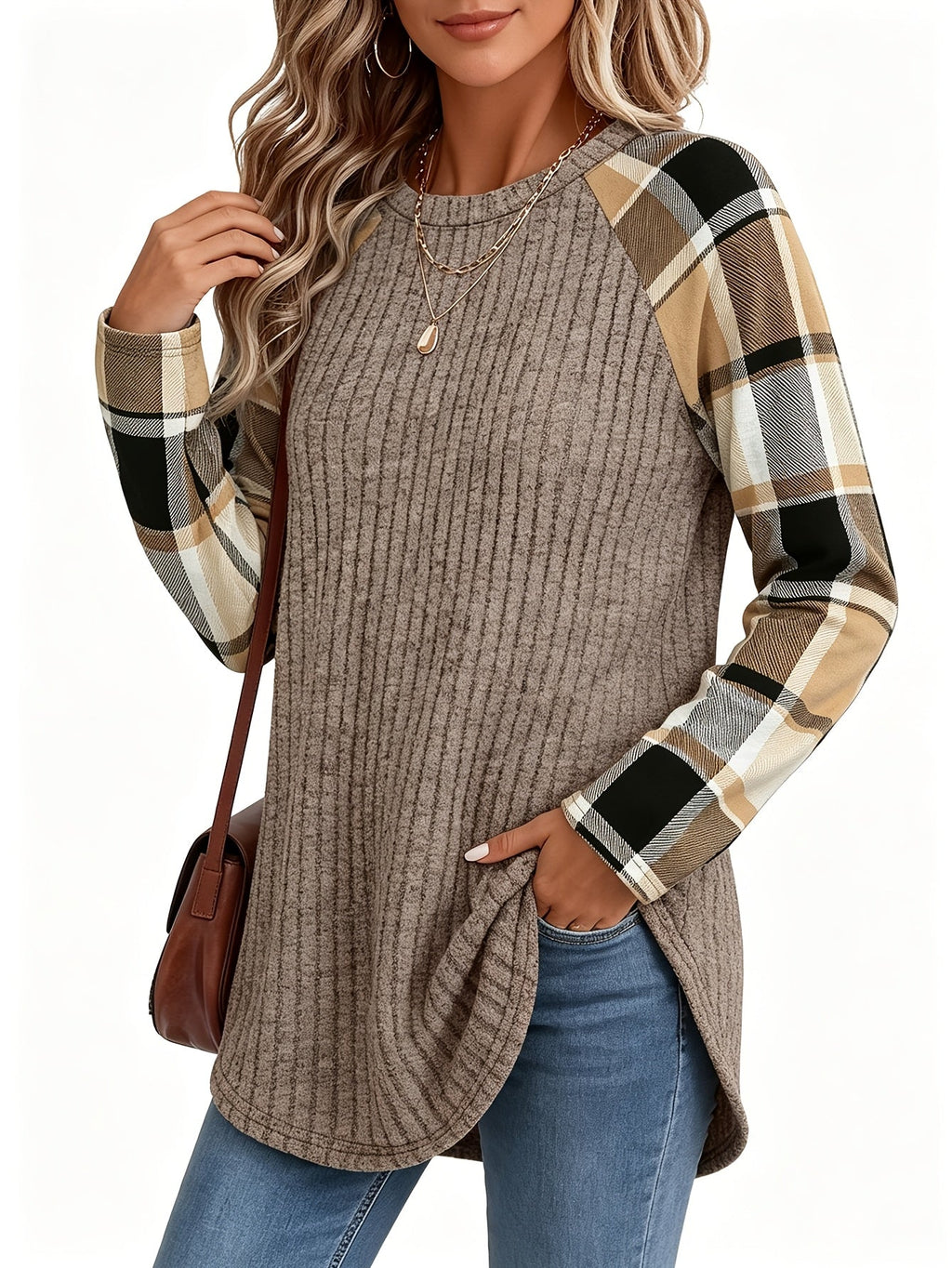 Ribbed Knit Long-Sleeve Top Women's Plaid Raglan Sleeve Crewneck – Casual, Fall Layering