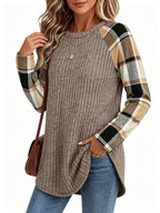 Ribbed Knit Long-Sleeve Top Women's Plaid Raglan Sleeve Crewneck – Casual, Fall Layering