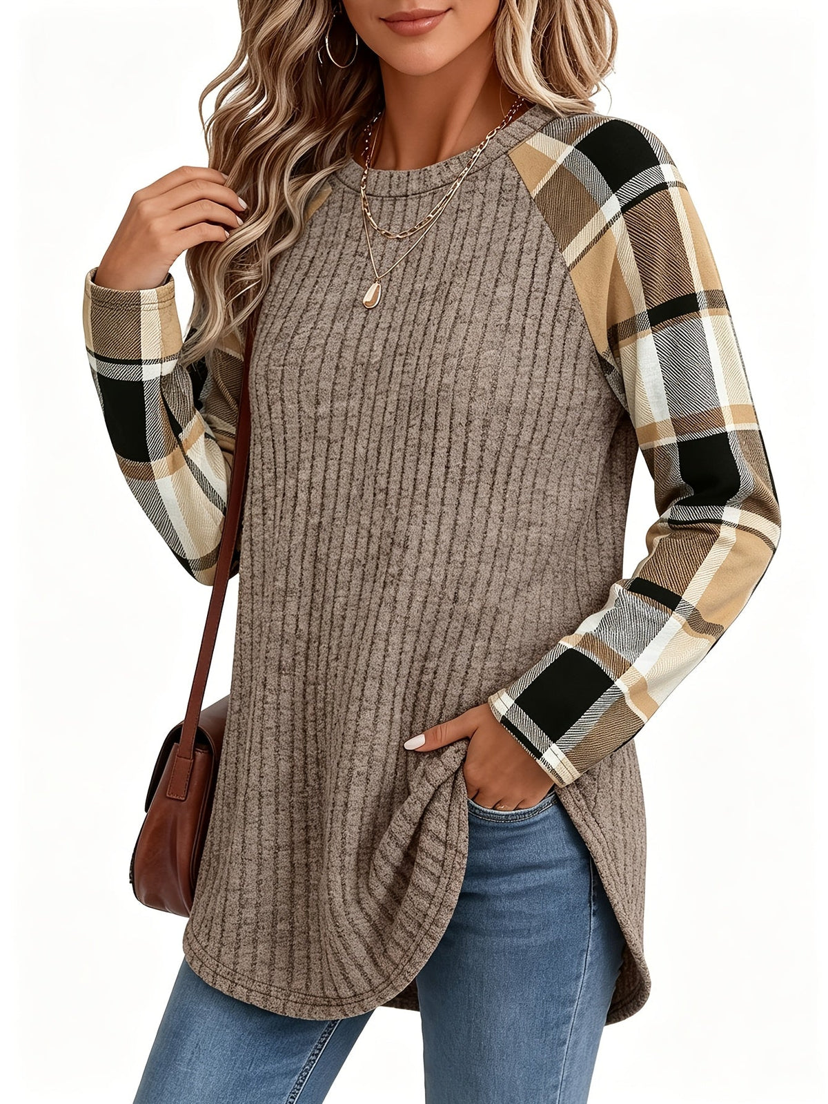 Ribbed Knit Long-Sleeve Top Women's Plaid Raglan Sleeve Crewneck – Casual, Fall Layering