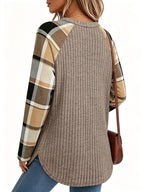 Ribbed Knit Long-Sleeve Top Women's Plaid Raglan Sleeve Crewneck – Casual, Fall Layering