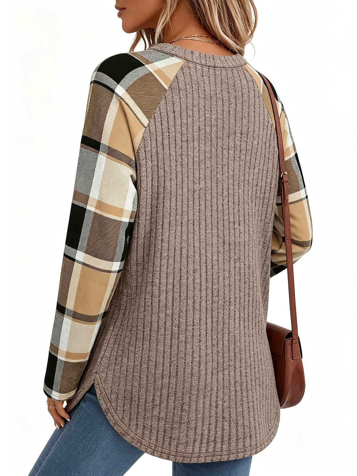 Ribbed Knit Long-Sleeve Top Women's Plaid Raglan Sleeve Crewneck – Casual, Fall Layering