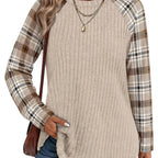 Ribbed Knit Long-Sleeve Top Women's Plaid Raglan Sleeve Crewneck – Casual, Fall Layering