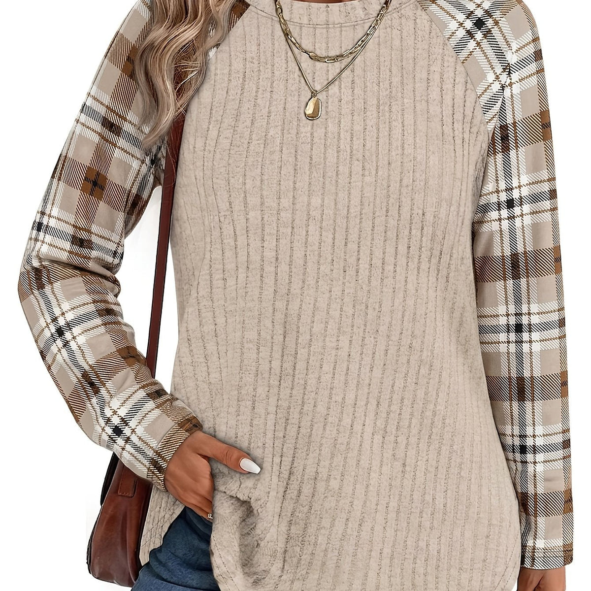 Ribbed Knit Long-Sleeve Top Women's Plaid Raglan Sleeve Crewneck – Casual, Fall Layering
