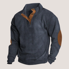 Ribbed Knit Pullover Sweater Men's Green Stand Collar Button Placket Elbow Patch – Casual, Office
