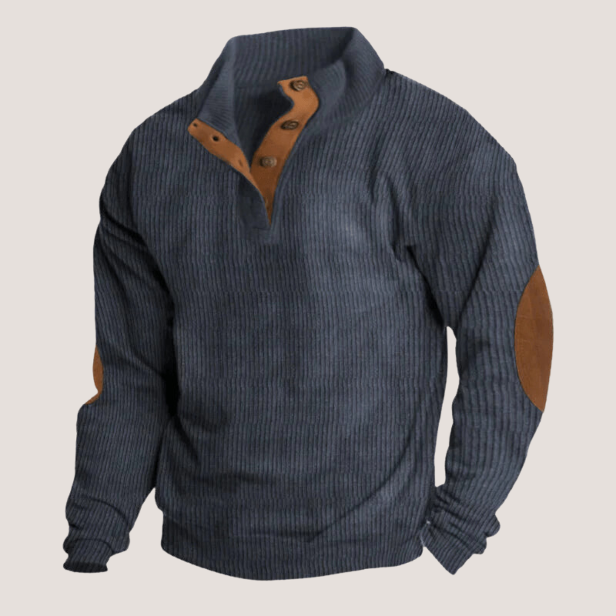 Ribbed Knit Pullover Sweater Men's Green Stand Collar Button Placket Elbow Patch – Casual, Office