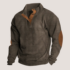 Ribbed Knit Pullover Sweater Men's Green Stand Collar Button Placket Elbow Patch – Casual, Office