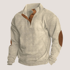 Ribbed Knit Pullover Sweater Men's Green Stand Collar Button Placket Elbow Patch – Casual, Office